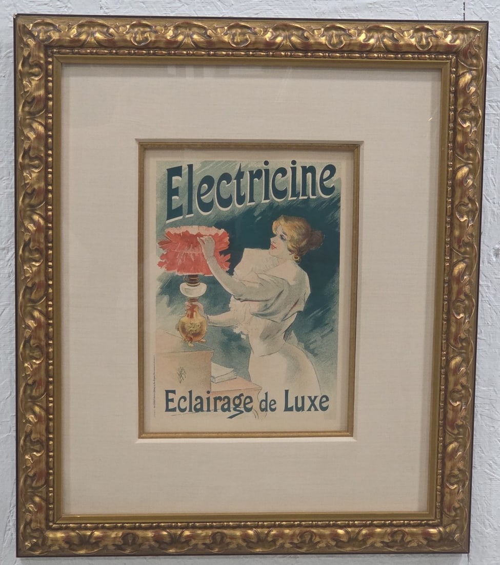 1895 Lucien Lefevre "Electricine Luxury Lighting" Original Lithograph: 1895 original stone lithograph by listed French artist Lucien Lefevre (Born 1850). The lithograph is titled "Electricine Luxury Lighting" and has a printed signature in the lower left. Published by L?
