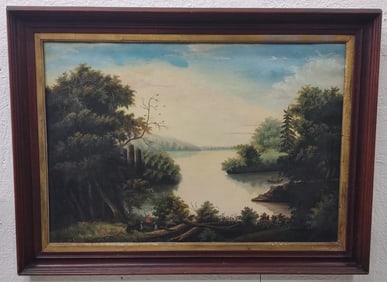 19th Century American Folk Art Lake Landscape Oil Painting On Canvas
