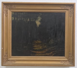 19th Century Woodland Path At Night Oil Painting On Board
