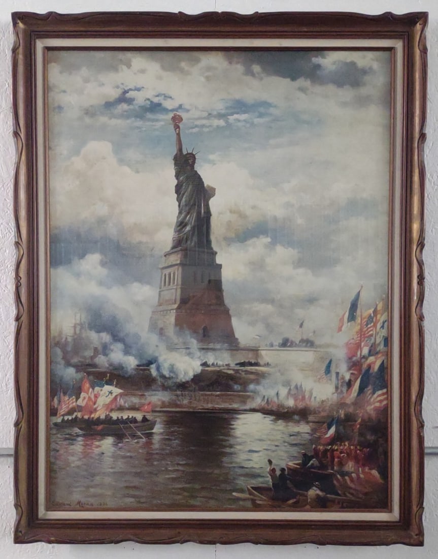 Vintage Large Framed "The Unveiling of the Statue Of Liberty" Print By Edward Moran: Vintage Large Framed "The Unveiling of the Statue Of Liberty" Print By Edward Moran. This vintage pint was originally painted in 1886 by Moran. Sight measures approximately 35-1/4" across x 47-1/2" ta