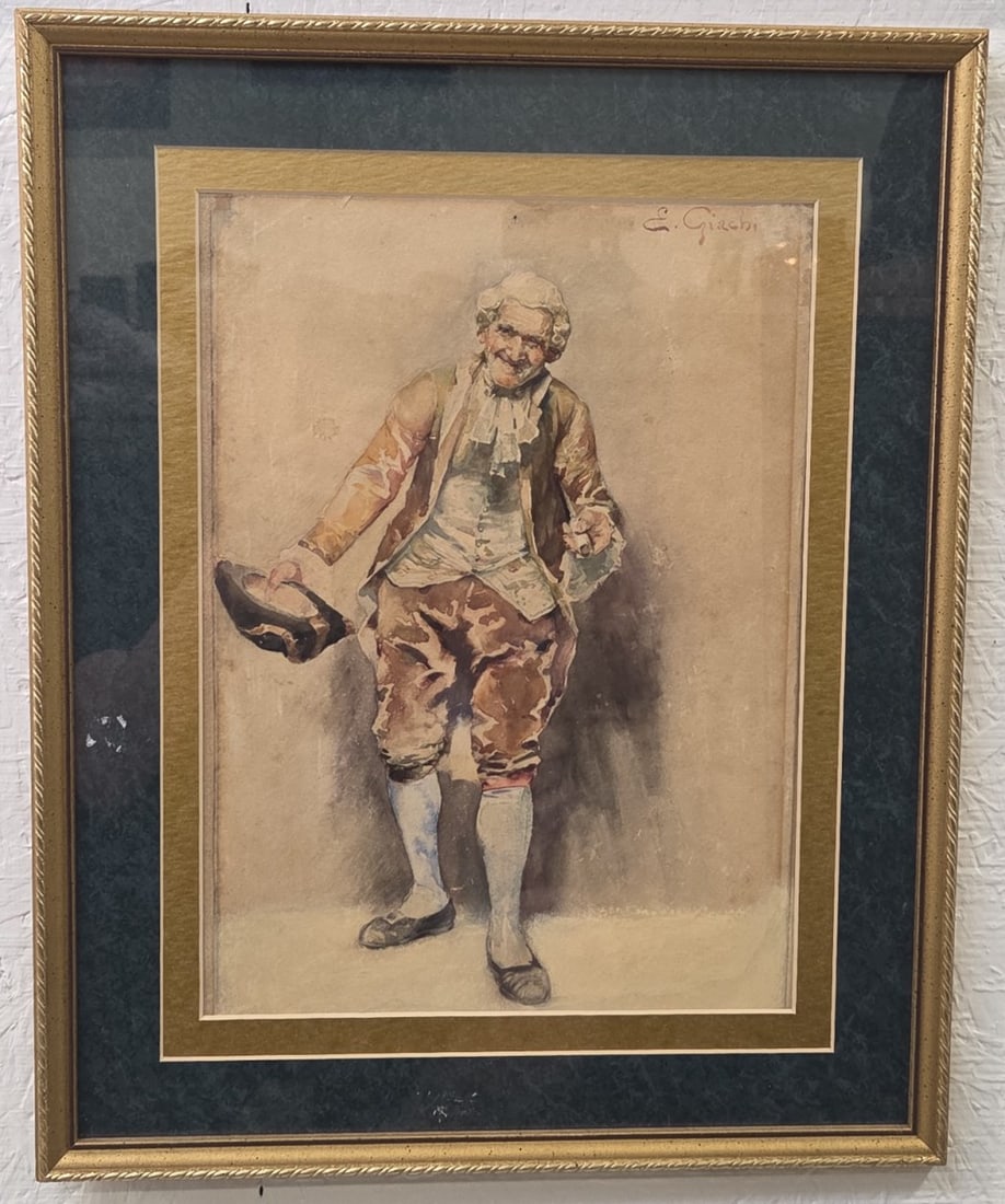 E. Giachi Elderly Gentleman In 18th Century Costume Watercolor Painting On Paper: Watercolor painting on paper by Italian artist E. Giachi (19th century). The painting features an elderly gentleman in 18th century costume and is signed in the upper right. Sight measures approximate
