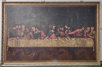 Giant Antique "The Last Supper" After Da Vinci Oil Painting On Board