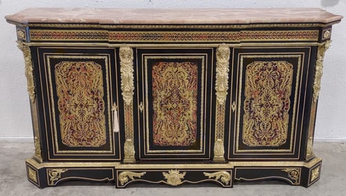 Napoleon III Style Decorated Black Finish Painted Buffet With Brass Ormolu & Marble Top