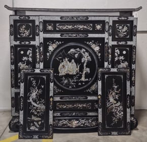 Vintage Asian Black Lacquer Abalone Inlay Cabinet