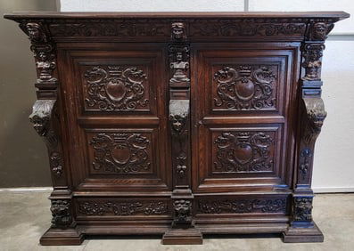 Antique Carved Walnut European Court Cabinet
