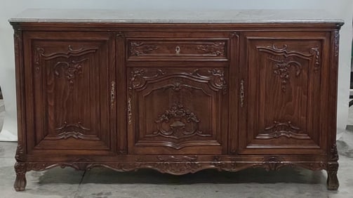 Antique Carved Oak French Regency Style Buffet With Marble Top