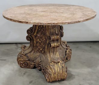 Italian Baroque Style Carved Giltwood Marble-Top Pedestal Table