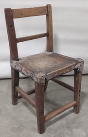 Antique Rustic Side Chair With Stretched Leather Seat