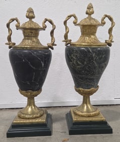 Pair of Brass & Dark Green Marble Urns With Wood Bases