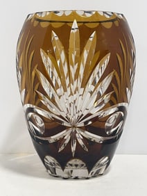 Vintage Bohemian Amber Cut To Clear Crystal Vase