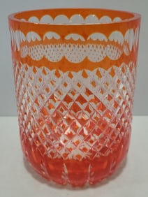 Vintage Bohemian Orange Cut To Clear Crystal Vase
