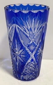 Vintage Bohemian Blue Cut To Clear Crystal Vase