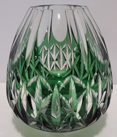 Vintage Bohemian Green Cut To Clear Crystal Vase