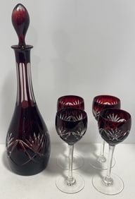 Vintage Bohemian Ruby Cut To Clear Crystal Decanter Set