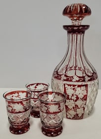 Vintage Bohemian Ruby Cut To Clear Crystal Decanter Set