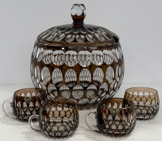 Vintage Bohemian Brown Cut To Clear Crystal Lidded Punch Bowl Set