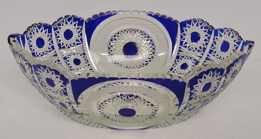 Vintage Cobalt Cut To Clear Crystal Oval Bowl