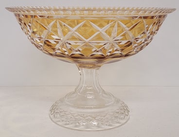 Large Vintage Amber Cut To Clear Crystal Footed Bowl