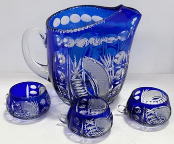 Vintage Bohemian Cobalt Cut To Clear Crystal Pitcher & Three Cups