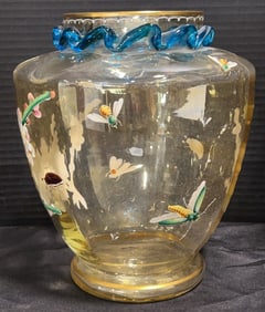 Antique Harrach Bohemian Insect & Floral Enamel Art Glass VaseThe