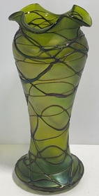 Loetz-Type Baluster Form Threaded Art Glass Vase