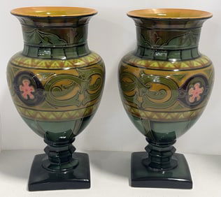 Pair Of Antique Royal Bonn Arts & Crafts Porcelain Urns