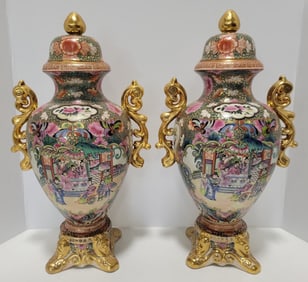 Pair Of Oriental Accent Chinese Lidded Porcelain Urns