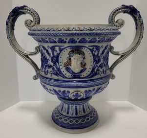 Vintage Gerz #924 White & Blue Stoneware Urn
