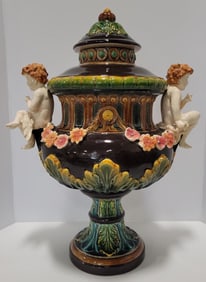 Large Antique Majolica Figural Floral Lidded Urn