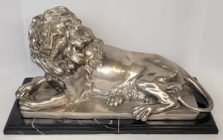 Silverplated Bronze Lion Statue On Marble Base