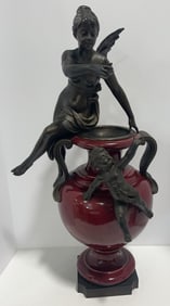 Art Nouveau Style Bronze Fairy & Cherub On Red Ceramic Vase