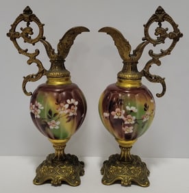 Pair Of Victorian Hand Painted Glass & Brass Floral Ewers