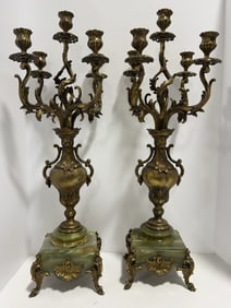 Pair Of Antique French 5-Light Brass & Onyx Candelabras
