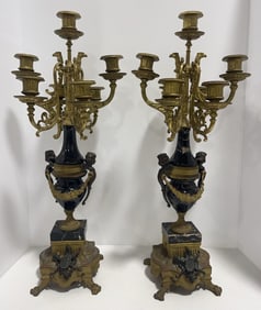 Pair Of Vintage French Louis XV Style Brevatto Italy Brass & Marble Candelabras