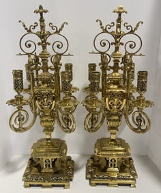 Pair Of Vintage French Brass 4-Light Candelabras