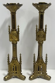 Pair Of Vintage Gothic Church Brass Alter Candlesticks