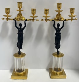Pair Of Vintage Empire Style Figural 3-Light Candelabrass