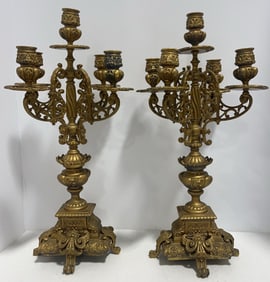 Pair Of Antique Gilted Metal 5-Light Baroque Candelabras