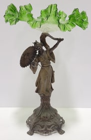 Antique Art Nouveau Female With Umbrella Bronze Spelter Tray