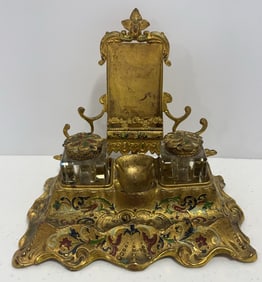 Antique Art Nouveau Brass Double Inkwell Desk Set