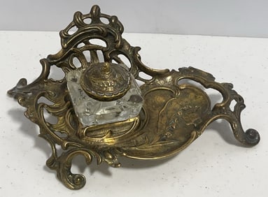 Antique Victorian Baroque Style Brass & Glass Inkwell