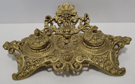 Vintage Solid Brass Ornate Double Inkwell