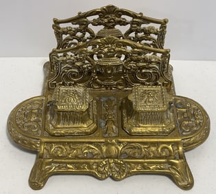 Vintage Solid Brass Ornate Double Inkwell With Letter Holder