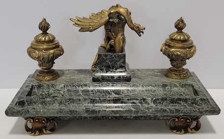 Vintage Marble And Brass Dragon Inkwell