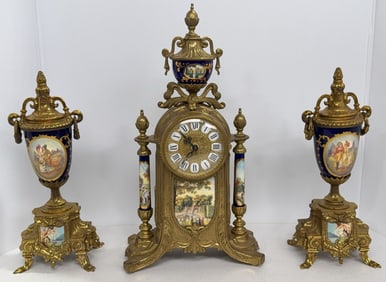 Vintage Imperial Brass Mantle Clock Set With Porcelain Inserts