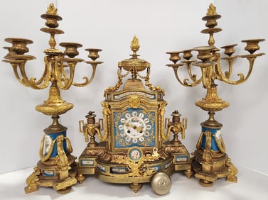 Antique French Paris Gilt Bronze Mantle Clock Set With Sevres Porcelain Plaques