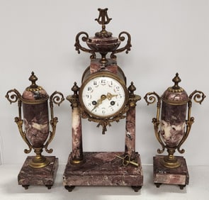 Antique French Marble & Gilt Bronze Portico Clock Set