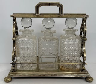 Circa 1870 Silver-Plated Locking Tantulus With Three Cut Glass Decanters