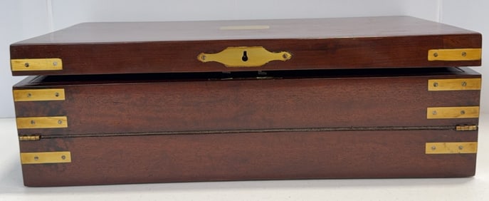 Antique English Mahogany Lap Desk With Inset Brass Handles & Trim