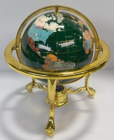 World Globe With Semi-Precious Stone Inlay On Brass Stand